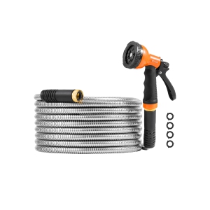 VEVOR 25 ft Metal Garden Hose, Rust Proof Stainless Steel, Heavy Duty Hose with 10 Function Nozzle, No-Kink & Flexible Water Pipe, Lightweight Metal Hose for Yard, Outdoor