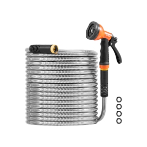 VEVOR 100 ft Metal Garden Hose, Rust Proof Stainless Steel, Heavy Duty Hose with 10 Function Nozzle, No-Kink & Flexible Water Pipe, Lightweight Metal Hose for Yard, Outdoor