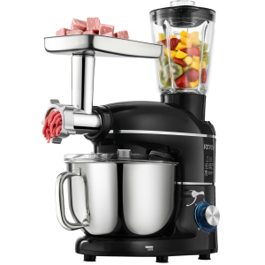 VEVOR 3-in-1 Multifunctional Stand Mixer, 6QT Stainless Steel Bowl, 660W 6+P Speeds Tilt-head Mixer with Dough Hook/Wire Whip/Beater/Meat Grinder/Juice Blender, for Mixing, Black