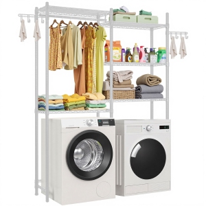VEVOR 5 Tiers Over Washer and Dryer Storage Shelves, Laundry Room Drying Rack with Hanger Rod and Hooks, Two Rows Adjustable Washer Shelves Space Saver, for Laundry Storage, White
