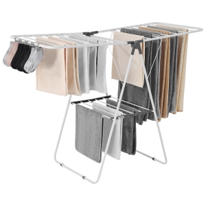 VEVOR 2-Tier Clothes Drying Rack, Foldable Laundry Dryer Rack with Sock Clips & 21 Drying Rods, Metal Height Adjustable Drying Racks, Free-Standing & Space-Saving Hanger, White