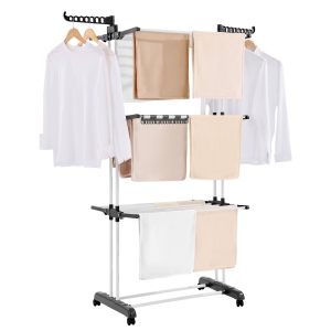 VEVOR 4-Tier Clothes Drying Rack, Foldable Laundry Dryer Rack, Metal Drying Racks with 24 Drying Rods, Free-Standing and Portable Hanger with 4 Castors and Two Side Wings