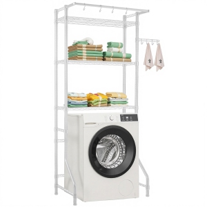 VEVOR 3 Tiers Over Washer and Dryer Storage Shelf, Laundry Room Drying Rack with Hanger Rod and Hooks, Single Row Adjustable Washer Shelves Space Saver, for Laundry Storage, White
