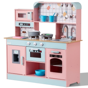 VEVOR Play Kitchen for Kids, Wooden Toy Kitchen Set with Lights and Sounds, with Ice Maker, Oven, Sink, Microwaves, Fridge and Utensil and Fruit Accessory for Kids ages 3-8, Pink