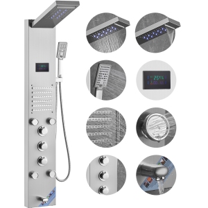 VEVOR Shower Panel System, 6 Shower Modes, LED & Screen Hydroelectricity Shower Panel Tower,5 Massage Jets, Tub Spout, Handheld Shower, Stainless Steel Wall-Mounted Shower Set