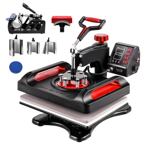VEVOR 12 x 15 Inch Heat Press Machine 8 in 1 Heat Press Sublimation Machine 360° Rotation Swing Away 8 in 1 Shirt Printing Machine Dual-Tube Heating for DIY T-Shirts Cap & Mugs Red
