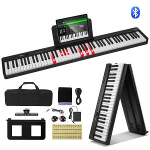 VEVOR 88 Key Folding Keyboard Piano, Bluetooth & MIDI, Portable Electronic Digital Foldable Piano with Sustain Pedal Bag Touch Sensitive Keys Headphones, Rechargeable for Beginners