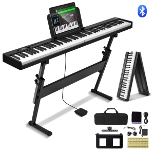 VEVOR 88 Key Folding Keyboard Piano, Bluetooth & MIDI, Portable Electronic Digital Foldable Piano with Stand Sustain Pedal Bag Touch Sensitive Keys, Rechargeable for Beginners
