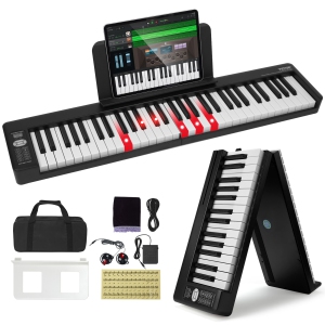 VEVOR 61 Key Folding Keyboard Piano, Bluetooth & MIDI, Portable Electronic Digital Foldable Piano with Sustain Pedal Touch Sensitive Lighted Keys Bag, Rechargeable for Beginners