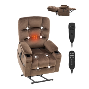 VEVOR Power Lift Recliner Chair, with Heat and Massage for Elderly, Dual Motor Recliner Chair with 2 Cup holders and USB Port, Position Adjustment Electric Recliner (Large, Brown)