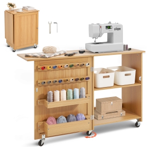 VEVOR Folding Sewing Table, Multipurpose Sewing Machine Table with Compact Design, Wheels, Shelves, Storage Trays, Wooden Pegs, and Magnetic Doors, Sewing Desk Cabinet for Sewing