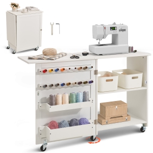 VEVOR Folding Sewing Table, Multipurpose Sewing Machine Table with Compact Design, Wheels, Shelves, Storage Trays, Wooden Pegs, and Magnetic Doors, Sewing Desk Cabinet for Sewing