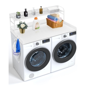 VEVOR 54" x 27" Washer Dryer Countertop with 2-Tier Shelf, Wooden Washer and Dryer Countertop with Anti-Slip Pads, Water-Resistant Laundry Topper Cover, White