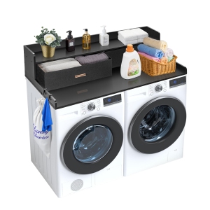 VEVOR 54" x 27" 2 Drawers Washer Dryer Countertop with 2-Tier Shelf, Wooden Washer and Dryer Countertop with Non-Slip Pads, Water-Resistant Laundry Topper, Black