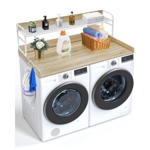 VEVOR 54" x 27" Washer Dryer Countertop with 2-Tier Shelf, Wooden Washer and Dryer Countertop with Anti-Slip Pads, Water-Resistant Laundry Topper Cover, Oak