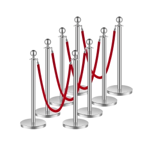 VEVOR 8 Pcs Stanchion Post, Crowd Control Barrier Set with 4 Red Velvet Ropes, 5 ft Stainless Steel Silver Stanchion Post Queue with Sand Injection Hollow Base for Theater, Party