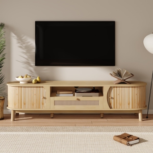 Rattan TV Stand - Solid Wood Doors, Drawers & Storage - Country Style