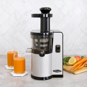 Omega VSJ843QS Vertical Slow Masticating Juicer Makes Continuous Fresh Fruit and Vegetable Juice at 43 Revolutions per Minute Features Compact Design(BRAND- NEW)