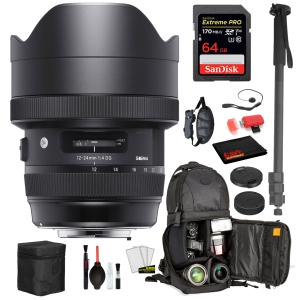 Sigma 12-24mm f/4 DG HSM Art Lens for Nikon F with Bundle: Sandisk extreme Pro 64gb SD Card, Sling Backpack + More