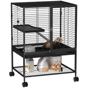 PawHut Guinea Pig Ferret Chinchilla Cage with Wheels, Pet Playpen for Rat, Kitten with Bottom Storage Shelf, Removable Tray, Ramp, 24" x 18" x 34", Black