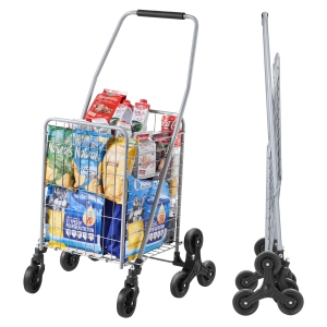 VEVOR 45L Grocery Shopping Cart, Stair Climbing Shopping Cart with 360° Rolling Wheels, Utility Cart with Tri-Wheels, Foldable Collapsible & Lightweight for Laundry Travel, Silver