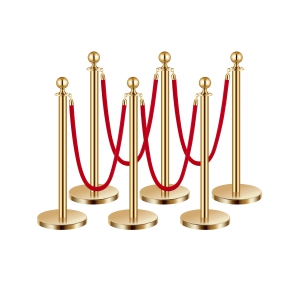 VEVOR 6 Pcs Stanchion Post, Crowd Control Barrier Set with 4 Red Velvet Ropes, 5 ft Stainless Steel Gold Stanchion Post Queue with Sand Injection Hollow Base for Theater, Party