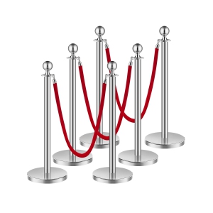 VEVOR 6 Pcs Stanchion Post, Crowd Control Barrier Set with 3 Red Velvet Ropes, 5 ft Stainless Steel Silver Stanchion Post Queue with Sand Injection Hollow Base for Theater, Party