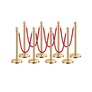 VEVOR 8 Pcs Stanchion Post, Crowd Control Barrier Set with 6 Red Velvet Ropes, 5 ft Stainless Steel Gold Stanchion Post Queue with Sand Injection Hollow Base for Theater, Party