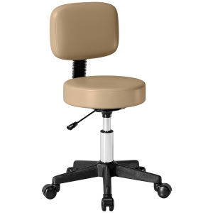 HOMCOM Tabouret roulant avec roues, Taboureau pivotant avec support arrière, Hauteur réglable, PU Chaise de dessin en cuir pour bureau d'intérieur, brun clair