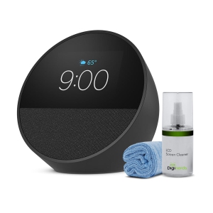 Amazon Echo Spot (2024) Smart Alarm Clock with Alexa + Cleaning Kit, Black