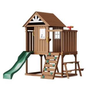 VEVOR Outdoor Wooden Playhouse, Modern Cedar Playhouse for Age 2-8 Years Kids, Games Cottage, Cedar Playhouse with Slide, Ladder, Climbing Wall, Windows, Picnic Table and Bench