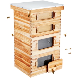 VEVOR 40 Frame Bee Hives Starter Kit, Beeswax Coated Fir Wood, 2 Deep + 2 Medium Bee Boxes Langstroth Beehive Kit, Transparent Acrylic Windows with Foundations for Pro Beekeepers