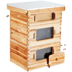 VEVOR 30 Frame Bee Hives Starter Kit, Beeswax Coated Fir Wood, 2 Deep + 1 Medium Bee Boxes Langstroth Beehive Kit, Transparent Acrylic Windows with Foundations for Pro Beekeepers
