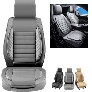 VEVOR 2 pièces de housses de siège, housses de siège de voiture universelles pour sièges avant, cuir synthétique, design semi-fermé, appuie-tête détachable et compatible avec les airbags, pour la plupart des voitures, SUV et camions gris