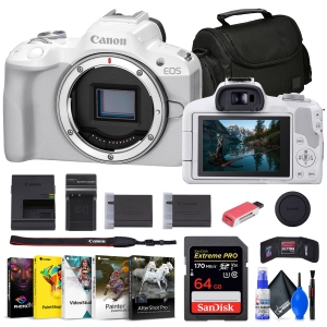 Canon EOS R50 Mirrorless Camera (White) + 64GB Card + Bag + Charger + Battery + More