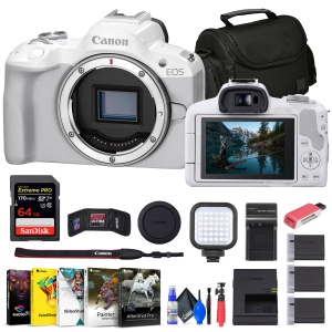 Canon EOS R50 Mirrorless Camera (White) + 64GB Card + Bag + Charger + Battery + More