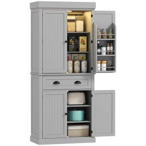 HOMCOM 71" Pantry Cabinet with LED Motion Sensor Light, Freestanding Kitchen Pantry with 6 Spice Racks, Drawer and Adjustable Shelves, Tall Buffet Cabinet with Hutch, Grey