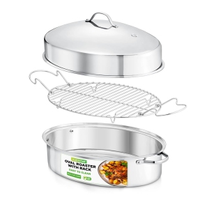 Oval Roasting Pan / Roaster with Polished Rack and Stainless Steel Lid