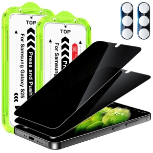 2+2 Pack for Samsung Galaxy S25 Privacy Screen Protector, 2 PCS S25 Anti Spy PET Film + 2 PCS Camera Lens Protector, Fingerprint ID Compatible 6.2 inch