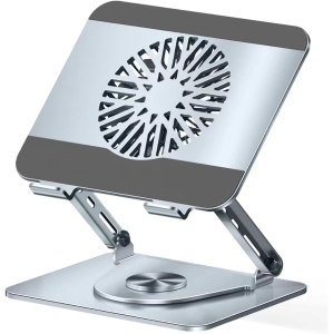Laptop stand with 360° swivel base, dual pivot fully foldable and adjustable, with fan