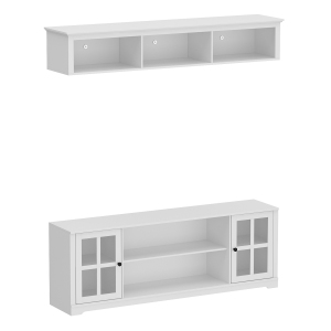 Famapy White TV Stand with Wall-Mounted Top Cabinet and Tempered Glass Doors, Decorative Trim, and Media Storage