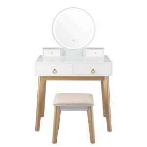 Elegant Vanity Table with 3-Color Lighted Mirror – Makeup Desk Set with Cushioned Chair and Drawers