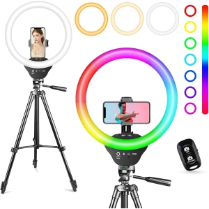 YOULIGHTS Sensyne 10'' RGB Ring Light with 50'' Extendable Tripod Stand, Circle Lights with Phone Holder