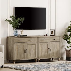 WAMPAT Farmhouse TV Stand for 75 inch TV with 4 Doors and 2 Drawers, Wood Universal TV Stand with Storage Cabinets, Wash Grey Entertainment Center TV Console Table for Living Room