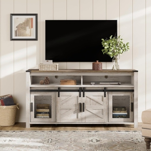 WAMPAT Farmhouse TV Stand for 65+ Inch TV,Wood Entertainment Centre with Sliding Barn Door,Rustic Media Console for Living Room, Bedroom,Rustic Oak and White