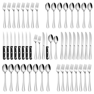 Silverware Set, MASSUGAR 48-Piece Silverware Utensil Set with Steak Knives for 8, Stainless Steel Flatware Cutlery Set f