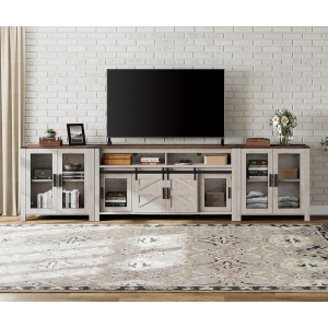 WAMPAT Living Room Set of TV Stand and Sideboard for 100 inch,Door Storage Cabinet with Mesh,Farmhouse Storage Units with Open and Adjustable Shelf,Dark Walnut and White