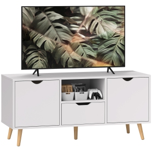 HOMCOM TV Stand with Storage, Modern TV Table with Open Shelf, Drawer and 2 Cabinets, Entertainment Unit for Living Room, Holds Television up to 50 Inch, White