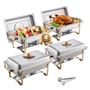 VEVOR 8 Qt 4 Pack Chafing Dish Buffet Set, Stainless Steel Chafer with 4 Full Size Pans, Rectangle Catering Warmer Server with Glass Lid Water Pan Folding Stand Fuel Holder