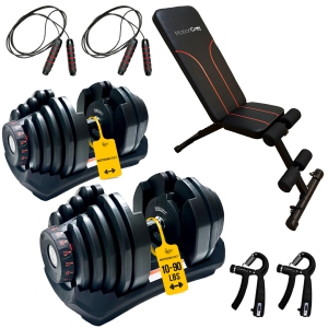 MotionGrey Adjustable Dumbbells 10-90 LB with High Strength Hand Grip & Workout Bench Equipment, Jumping Rope, and Anti-Slip Barbell Metal Hand Set
